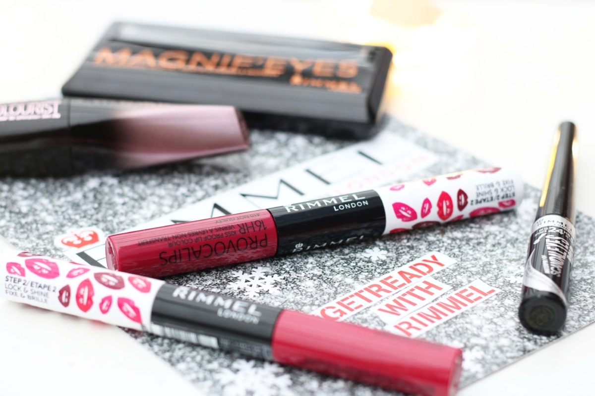 Get Ready with Rimmel London For Valentine's Day featuring Rimmel Magnif'eyes Eye Contouring Palette, Rimmel Scandaleyes Bold Eyeliner, Rimmel Volume Colourist Mascara and Rimmel Provocalips in Berry Seductive & Not Guilty