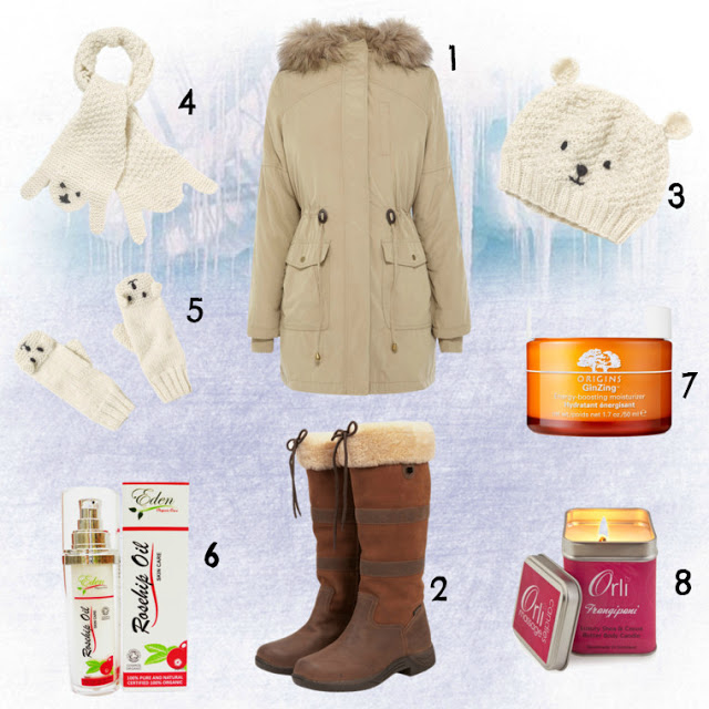 Winter Warmers and Skin Saviours Wishlist 1.Oasis Parka (£88) 2. Equestrian Clearance Boots (£136) 3. People Tree Hat (£22) 4. People Tree Scarf (£30) 5. People Tree Mittens (£24) 6. Eden Organic Care Rosehip Oil (£16) 7. Origins GinZing Moisturiser (£23) 8. Orli Massage Candle (£10)