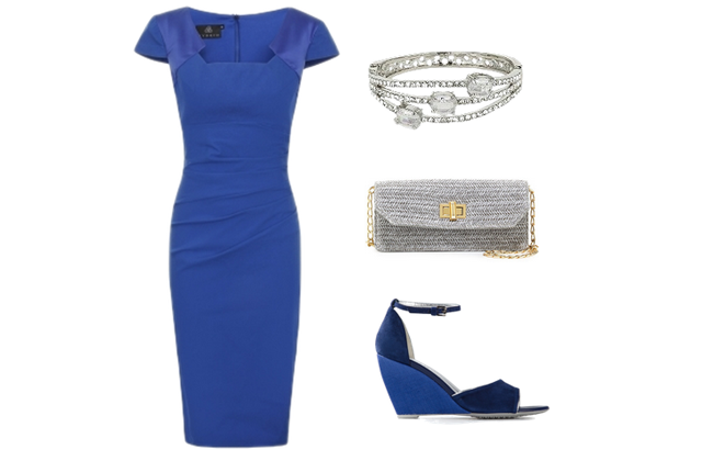 University Graduation Outfit Ideas: blue, silver, Hybrid Fashion, Dress, Clutch, Wedges