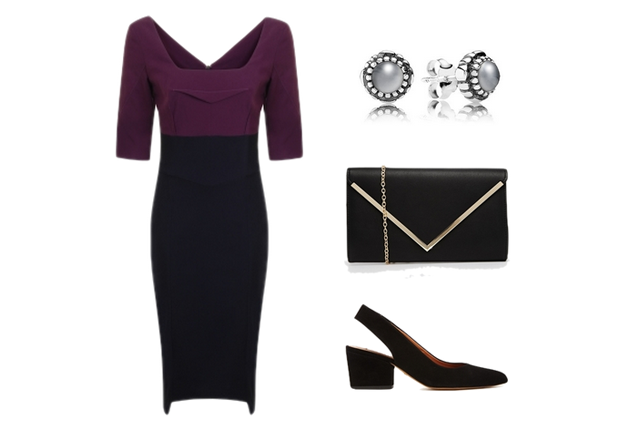 University Graduation Outfit Ideas: purple, silver, black, Hybrid Fashion, Dress, Clutch, Wedges, Aldo, Pandora, Whistles