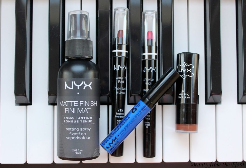 NYX Cosmetics Swatches: Matte Finish Setting Spray, Jumbo Lip Pencil in Burgundy,  Jumbo Lip Pencil in Chaos, Round Lipstic in Uranus and Studio Liquid Liner in Extreme Blue