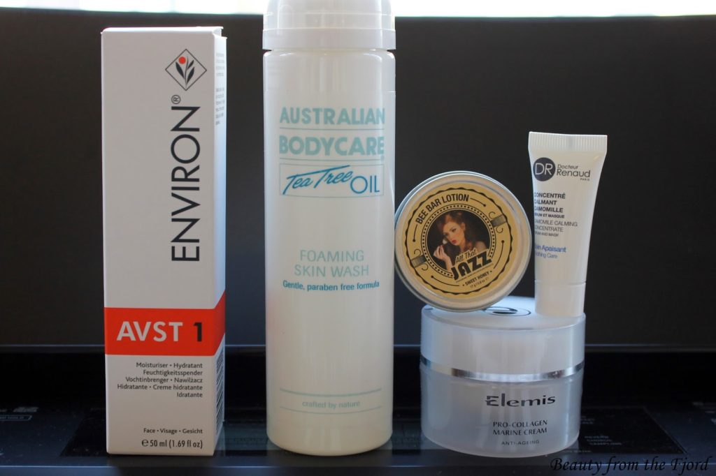 Australian Body Care Tea Tree Oil Foaming Skin Wash, All that Jazz Bee Bar Lotion and Dr. Renaud Camomile Calming Concentrate, Environ, Elemis Pro-Collage Marine Cream