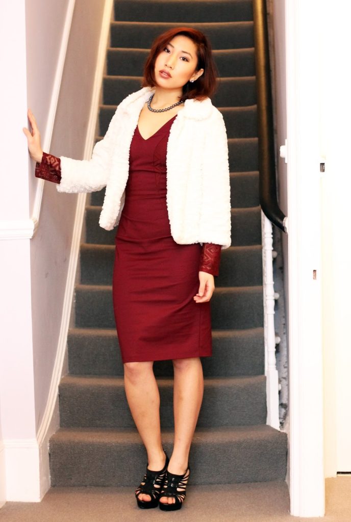 Outfit: Lace and Oxblood: Dress: Kennedy Lace Sleeve V-Neck Dress Oxblood c/o Hybrid Jacket: Mela Cream Faux Fur Collared Jacket Shoes: Black Heels from New Look (old)
