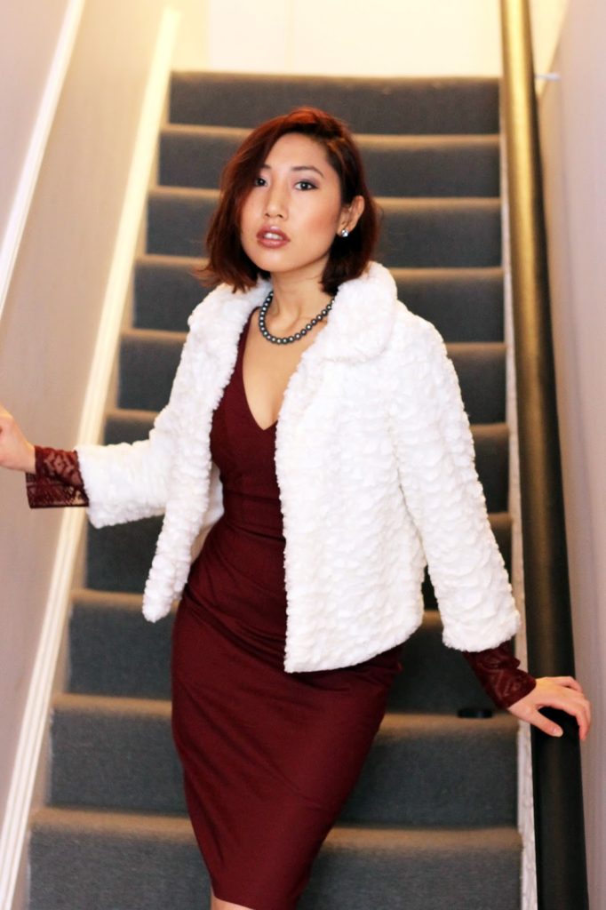 Outfit: Lace and Oxblood: Dress: Kennedy Lace Sleeve V-Neck Dress Oxblood c/o Hybrid Jacket: Mela Cream Faux Fur Collared Jacket Shoes: Black Heels from New Look (old)