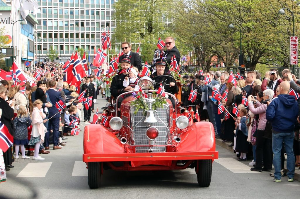 Celebrating 17 mai in Norway - red car in Stavanger