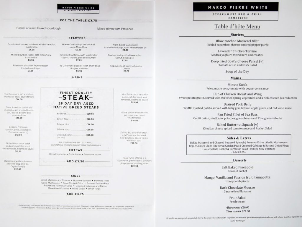 A la carte and set menu at Marco Pierre White Steakhouse Double Tree by Hilton Cambridge