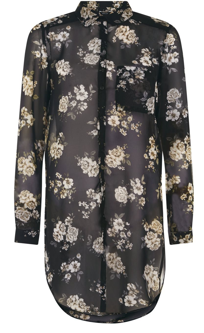 Black Floral Print Longline Shirt