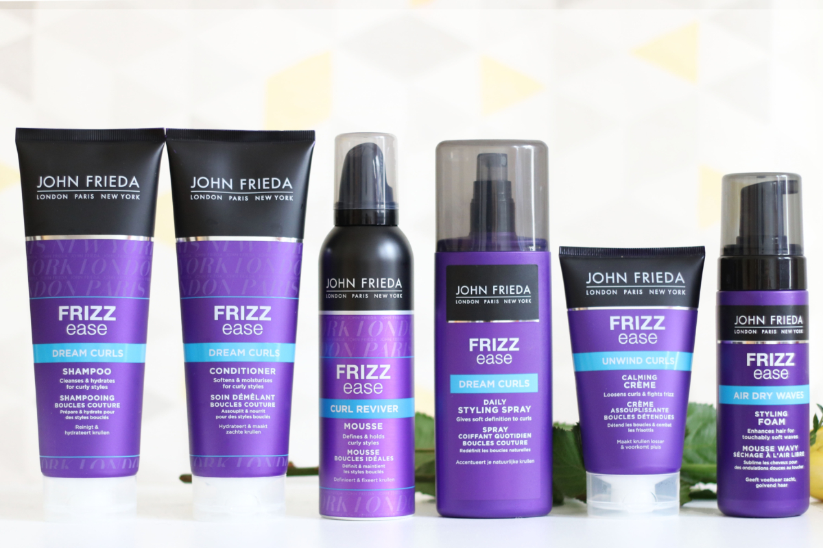 John Frieda Frizz Ease Dream Curls collection consisting of 6 products (from left to right); Dream Curls Shampoo, Dream Curls Conditioner, Curl Reviver Mousse, Dream Curls Daily Styling Spray, Unwind Curls Calming Creme and Air Dry Waves Styling Foam.